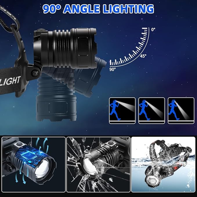 High Lumen Rechargeable Headlamp, Super Bright Head Lamp, 90°Angle Head Lights for Forehead, Adjustable Focus Headlight, 4Mode LED Headlamp Rechargeable, Headlamps for Adults Hard Hat Camping (2Pack)