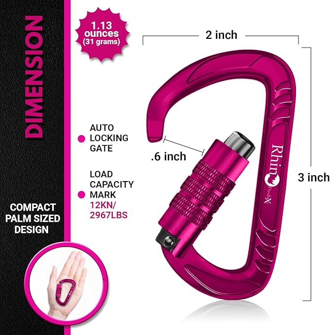Rhino Produxs 12kN (2697 lbs) Heavy Duty Carabiner Clips, for Securing Pets, Outdoor, Camping, Hiking, Hammock, Dog Leash Harness, Keychains