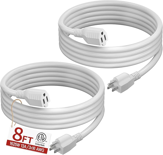 16/3 Short Extension Cord 8 FT 2 Pack, White Extension Cord Flexible & Durable, Indoor 3 Prong Power Cable, Suitable for Home and Office, 13 Amp 1625 Watt 125VAC 16AWG, ETL Listed