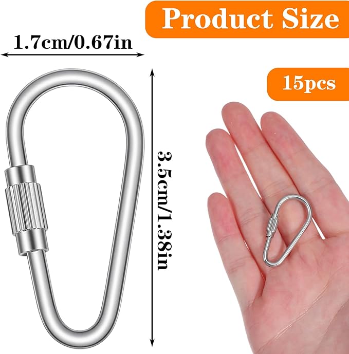 Nogeqi 15 Pcs Small Locking Carabiner, 1.4" D-Ring Key Hooks with Twist Lock Mini Locking Carabiner, Stainless Steel Carabiners with Lock for Keychain Pet Leash Parrot Bird Hanging Toys