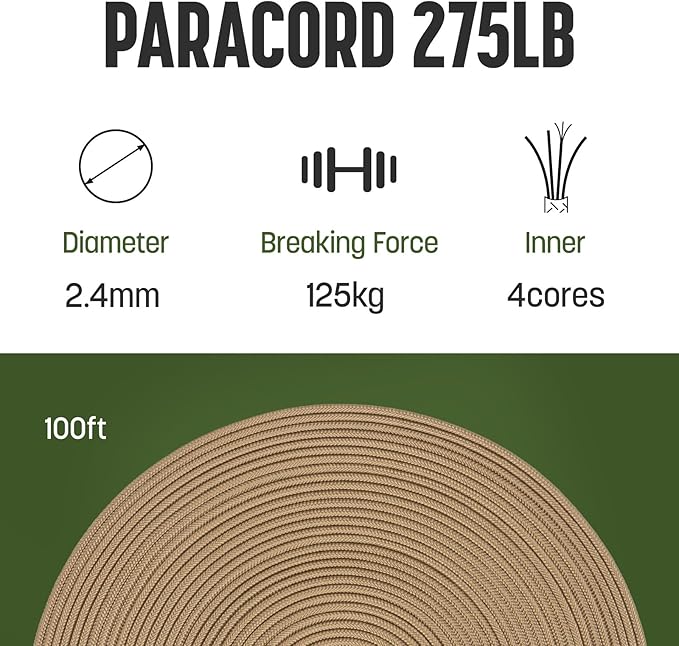 2.4mm Paracord 275LBS 100FT Rope Cord - 4 Strand, Nylon & Polyester, Abrasion Resistance - Tan