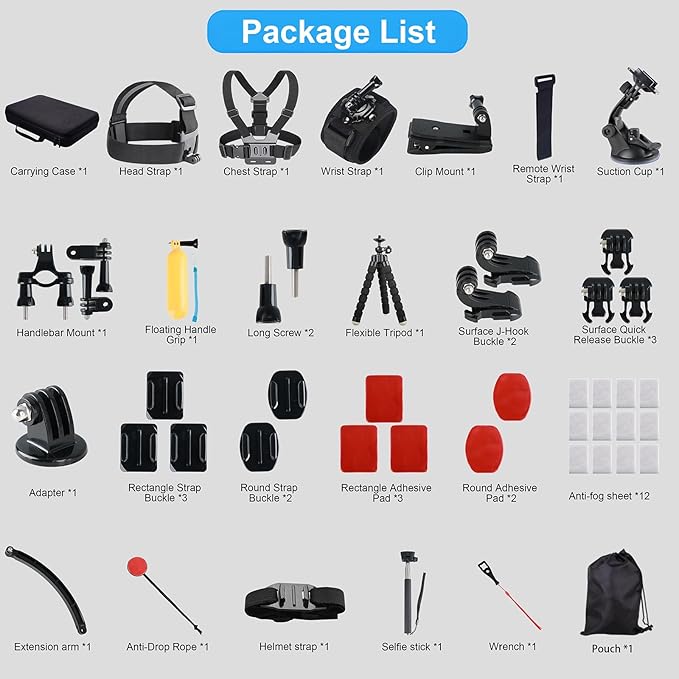 Action Camera Accessory for GoPro Hero 12/11/10/9/8/7/6/5 DJI Osmo Action 5 Pro/Action 4 / Action 3, AKASO EK7000 Insta360 X2 X3 DBPOWER APEMAN Yi VicTsing