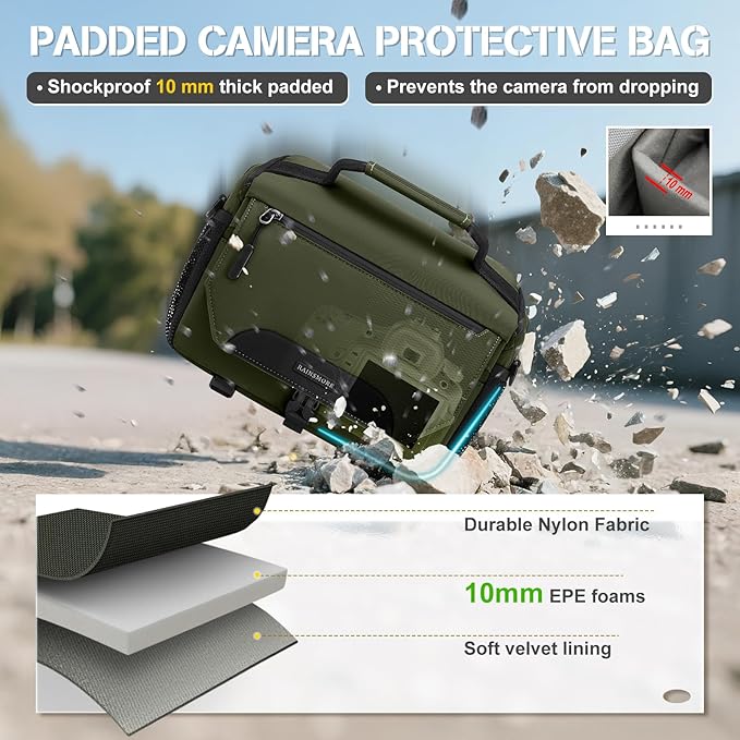 RAINSMORE Camera Bag, DSLR/SLR/Mirrorless Small Camera Sling Bag Waterproof Camera Case with Tripod Holder & Rain Cover Compact Crossbody Camera Bags for Photographers Everyday Shoulder Bags, Green