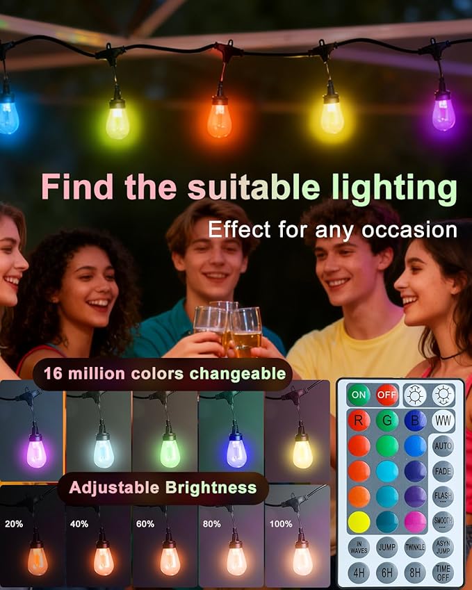 Lightdot 96FT Outdoor RGB String Lights, Dimmable Color Changing Waterproof LED Patio Lights with Remote Control,Commercial Grade Hanging Light for Patio Cafe Bistro Backyard- ETL Listed