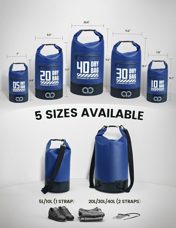Lamicall Small Dry Bag, Waterproof Bag - [Durable & Floating] 5L/10L/20L/30L/40L Water Proof Bag with Waterproof Phone Pouch, Keeps Gear Dry Sack for Kayak Swim Boat Paddle Boarding Hiking Fishing