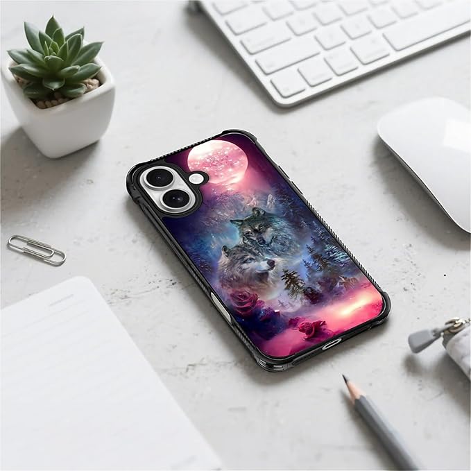 for iPhone 17 Case,for MagSafe Graphic Design for Girl Boy Soft Silicone Hard Acrylic Shock Protection Designed for iPhone 17 Star Two Wolfs Howling Pattern
