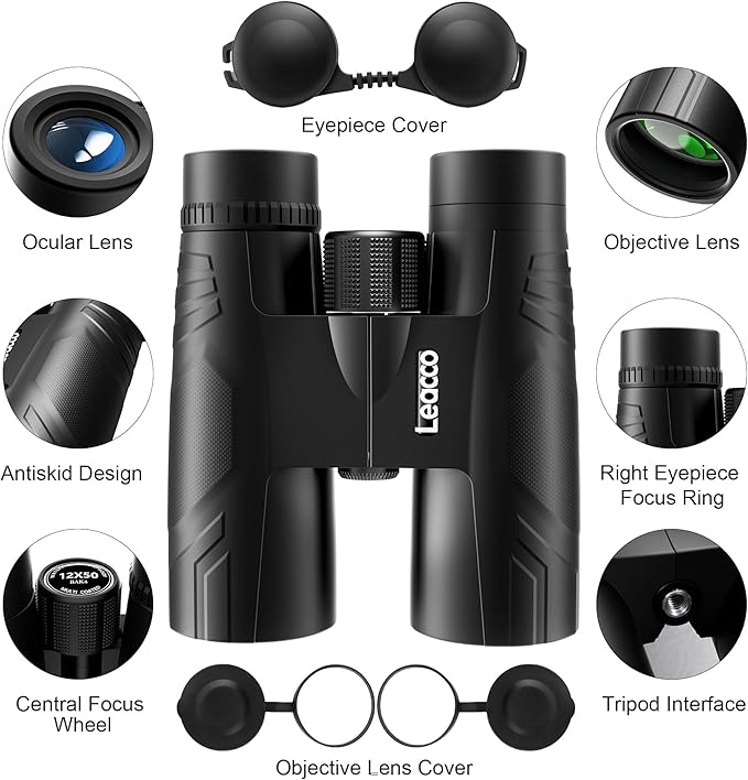 Leacco 10x25 Compact Binoculars for Adults and Kids Large View Waterproof Small Binoculars with Low Light Vision BAK4 Prism FMC Lens for Cruise Ship Bird Watching Travel Hunting, Black