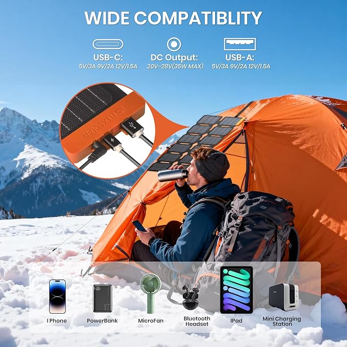 FlexSolar 36W Ultra-Portable Solar Panel Charger with Quick Charge, USB-A & USB-C & DC Ports, Ultra-Lightweight for Outdoor Emergency Power, Backpacking, Hiking, and Camping
