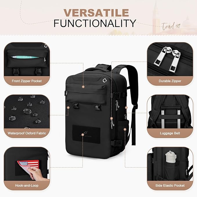Maelstrom Travel Backpack for Women Men,25L Laptop Backpack Fits 15.6-Inch Laptop,Waterproof Carry On Backpack for Airplanes with Detachable Crossbody Bag & Shoe Compartment (Black, Medium)
