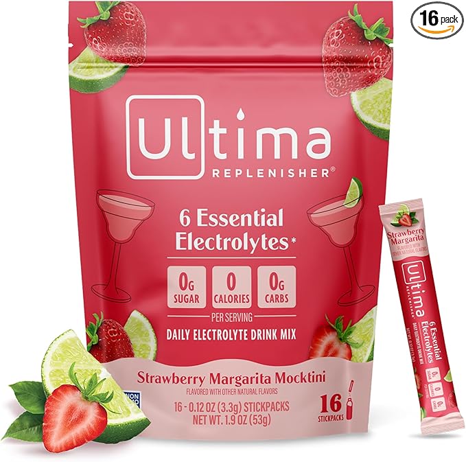 Ultima Replenisher Daily Electrolyte Powder – Strawberry Margarita, 16 Stickpacks – Zero Sugar Hydration Packets with 6 Key Electrolytes and Trace Minerals – Sugar Free & Keto Friendly Drink Mix
