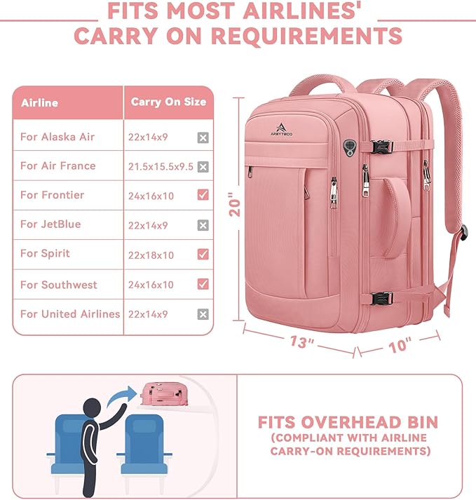AREYTECO Travel Laptop Backpack for Women, 50L Expandable Extra Large Backpack,Carry On Backpack, Water Resistant Big Bag Anti-Theft Business Daypack Fits 17 Inch Laptop, Pink