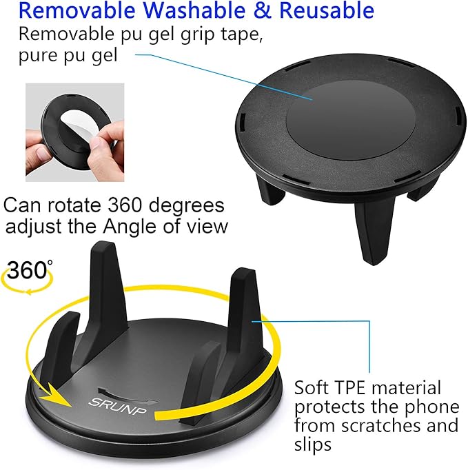 SRUNP Car Phone Mount with Three-Point Support for Car Dashboard, 360 Degree Rotatable Washable Cell Phone Holder for Car Compatible Smartphones and GPS Devices