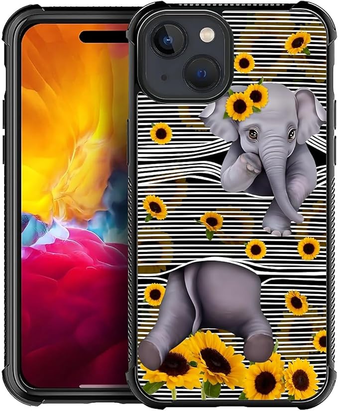 for iPhone 15 Case, Cute Little Elephant Sunflower White Line Art Pattern Graphic Design Girl Boy Soft Silicone Hard Acrylic Shock Protection for iPhone 15