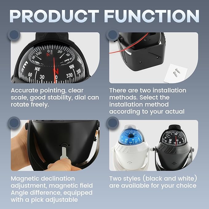 Boat Compass with Magnetic Declination Adjustment, Pivoting Marine Compass Multifunction Digital Navigation Dashboard LED Illumination & Backlight for Marine Boat Truck Car