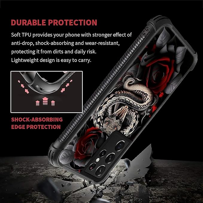 for Samsung Galaxy S21 Ultra Case, Entwined Rose Snake Pattern Graphic Design Girl Boy Soft Silicone Hard Acrylic Shock Protection for Samsung Galaxy S21 Ultra