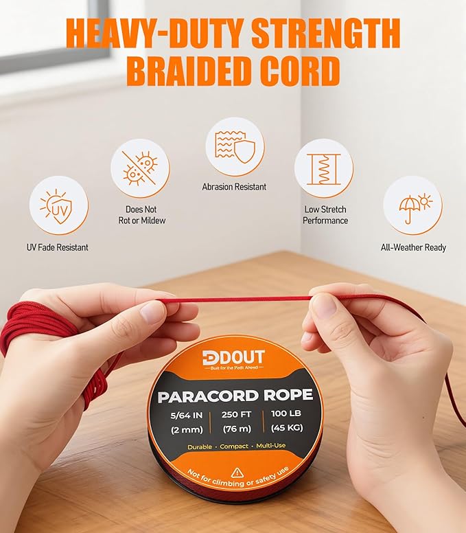DDOUT 2mm Paracord 100lb, Thin Micro Paracord Rope, Red 250FT Nylon Cord for Crafting, DIY Projects, Fishing, Camping & Outdoor