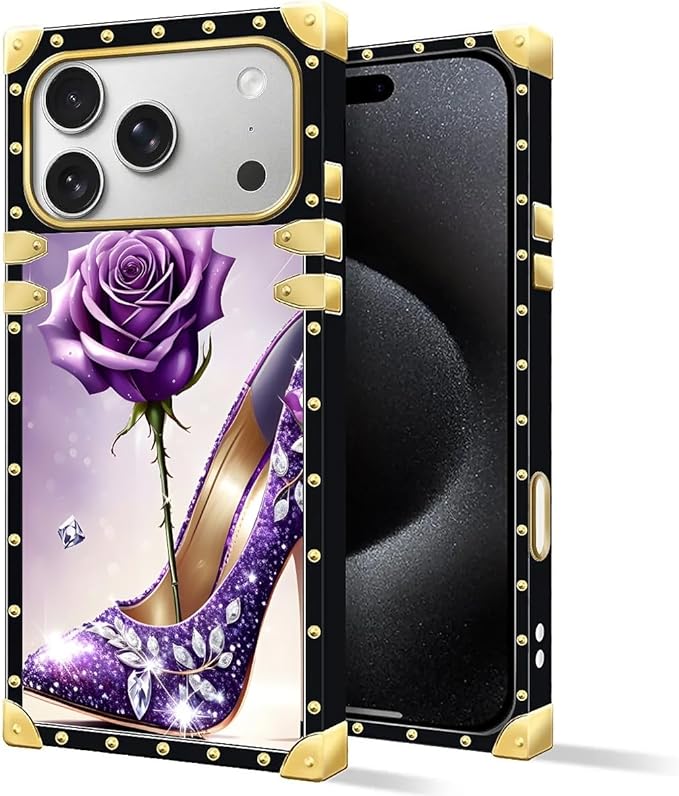 for iPhone 17 Pro Case Luxury Golden Decoration for Girl Women Soft TPU Shockproof Protective Hard PC Back for iPhone 17 Pro Crazy Pattern High Heeled Purple Diamond Rose