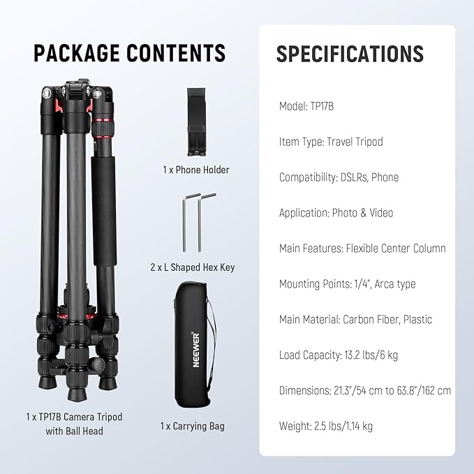 NEEWER Basics Carbon Fiber Travel Tripod Monopod, 64" Compact Lightweight Portable Camera Cell Phone Holder Stand Compatible with iPhone Video Recording, Arca Type Ball Head, Max Load 13.2 lbs, TP17B