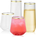 48 Pack Ribbed Plastic Wine Glasses – 24 x 9oz Stemless Champagne Flutes & 24 x 12oz Disposable Wine Glasses – Elegant Disposable Plastic Cups with Gold Rim – BPA-Free Drinkware for Weddings, Parties