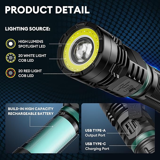 RECHOO Rechargeable Flashlights High Lumens, 990000lm LED Flashlight Rechargeable, Fixed Foucs, 8 Lighting Modes Waterproof Small Flashlight for Camping, Hunting, Emergency, Gifts for Men