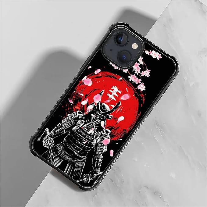 for iPhone 15 Case, Sakura Japanese Samurai Pattern Graphic Design Girl Boy Soft Silicone Hard Acrylic Shock Protection for iPhone 15
