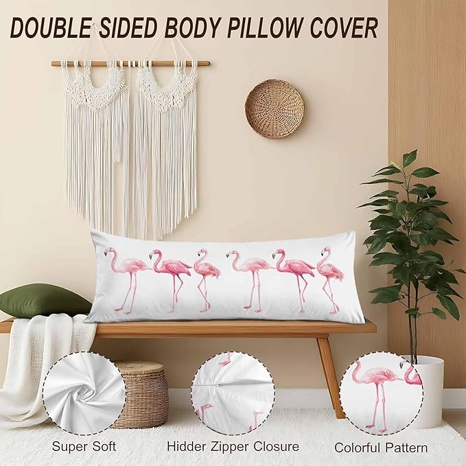Body Pillowcases with Zipper Flamingo, Cozy Body Pillow Covers Cushion Cover 20 X 54 Inches, Tropical Flamingos Pink Outdoor Body Pillow Case for Home Bedroom Couch Sofa