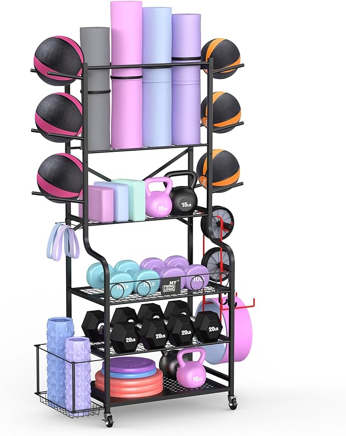 Mythinglogic Yoga Mat Storage Racks,Home Gym Storage Rack for Dumbbells Kettlebells Foam Roller, Yoga Strap and Resistance Bands, Workout Equipment Storage Organizer With Hooks and Wheels