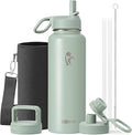 Coolflask Water Bottle 40 oz Insulated with Straw, Stainless Steel Metal 3 Lids Water Flask for Sports or Office, Keep Cold 48H Hot 24H, Grey Green