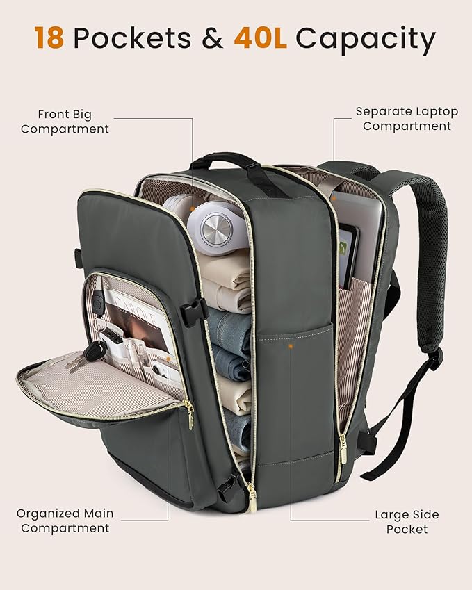 LOVEVOOK 40L Large Travel Backpack for Women Men, 17 Inch Carry on Backpack for Traveling on Airplane, Personal Item Travel Bag Airline Approved, Business Causal Weekender Backpack, Grey Green-Black
