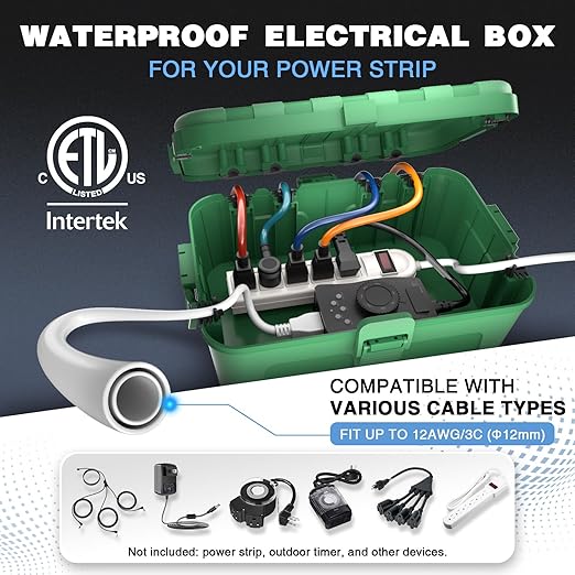 Flemoon IP54 Waterproof Electrical Box, Outdoor Plug Cover Weatherproof, for Outdoor Outlet, Timer, Extension Cord, Power Strip, String Light, Green