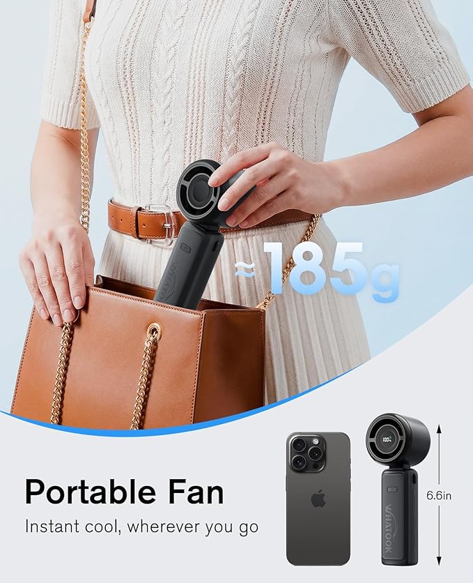 WHATOOK Portable Personal Handheld Fan: High Speed Cooling Fan, 12 Hours Battery Life, USB Rechargeable, Small Essentials for Women Cruise Travel, Beach Vacation (Black)