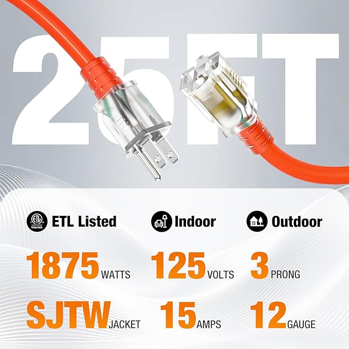 Outdoor Extension Cord 25 FT Waterproof, 12/3 Gauge Heavy Duty 3 Prong Power Cord with Lighted Indicator End, 15A 125V 1875W SJTW, ETL Listed, Great for Lawn/Garden/Home(Orange)