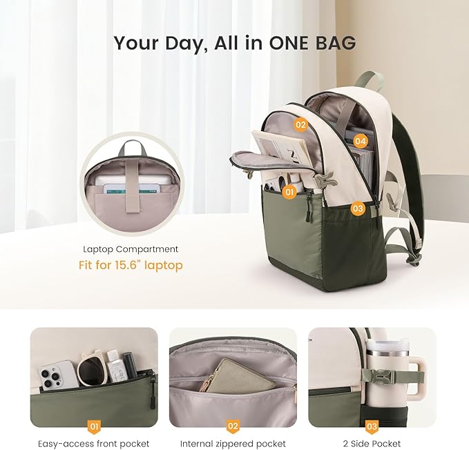 LOVEVOOK Everyday Backpack for Women, Chic Versatile Backpack with Water Bottle Pocket, Lightweight Waterproof Casual Daypack for City Work Commute, College, Travel & Gifts, Beige-Olive Green