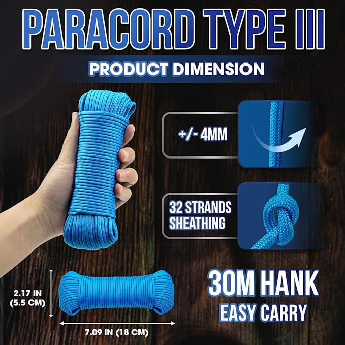 High Tensile Paracord Type III Parachute Cord Reflective Paracord Rope Tactical Paracord for Camping, Survival, Gear Repair & DIY (Blue, 98 Ft)