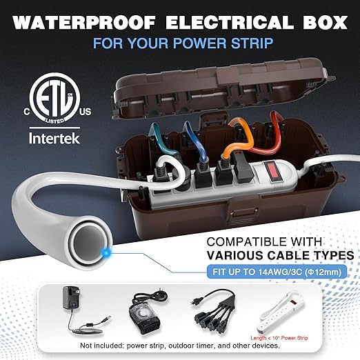 Flemoon [2 Pack] Outdoor Electrical Box Waterproof, Medium Weatherproof Electrical Box (11.5x5.2x4 inch) w/6 Cable Entry Ports, Extension Cord Cover for Power Strip, Timer, Plug, Holiday Light, Brown