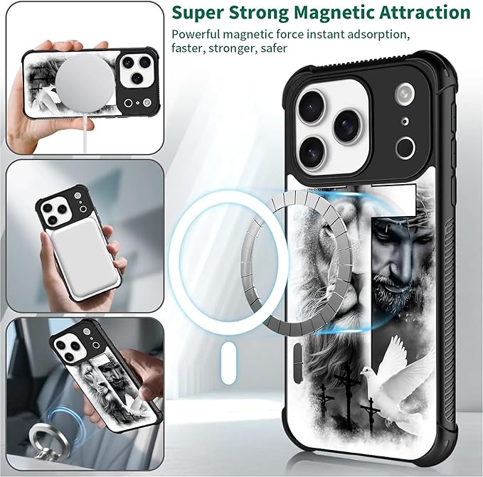 for iPhone 17 Pro Case,for MagSafe Graphic Design for Girl Boy Soft Silicone Hard Acrylic Shock Protection Designed for iPhone 17 Pro Lion Cross Jesus Christ Dove Pattern