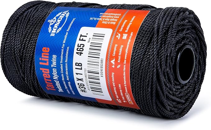 HONGDA Tarred Bank Line Twine, 465 Feet Nylon Twine #36 Bank Line-Black Nylon String 2.3mm, Black Strong Twisted Seine Rope Ideal for Gardening, Construction, Gear Tying, Bushcraft Gear