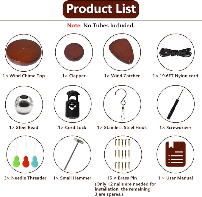 Wind Chime Replacement Parts, 28 PCS Windchime Repair Kit Including Round Top, Clapper, Wind Catcher, 19.6FT Nylon Cord, DIY Wind Chime Supplies (Dark Brown)