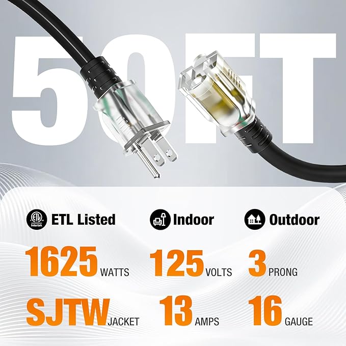 50 FT Outdoor Extension Cord Waterproof, 16/3 Gauge Heavy Duty 3 Prong Power Cord with Lighted Indicator End, 13A 125V 1625W SJTW, ETL Listed, Great for Lawn/Garden/Home(Black)