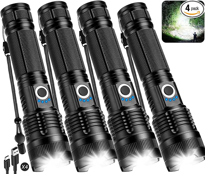 Kmivo Flashlights Rechargeable LED High Lumens - 4 Pack 90,000LM Super Bright Flashlight, Adjustable Powerful Flash Light with 5 Modes, Waterproof Handheld Flashlight for Home, Camping