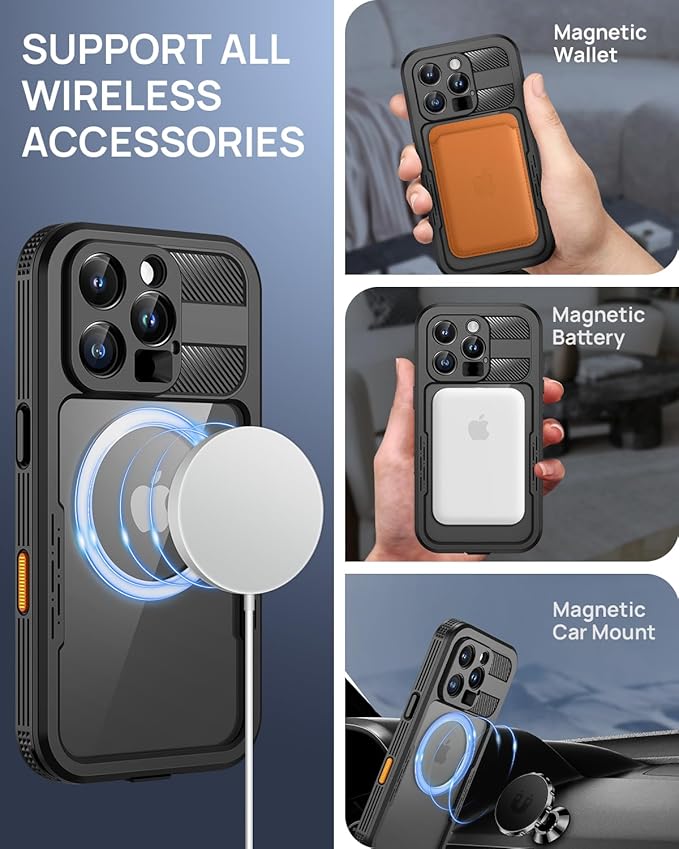 Lanhiem Magnetic for iPhone 16 Pro Max Case, IP68 Waterproof Dustproof Case, [Compatible with Magsafe] [Built-in Screen Protector] Full Body Heavy Duty Rugged Phone Cover 6.9 inch, Black/Clear