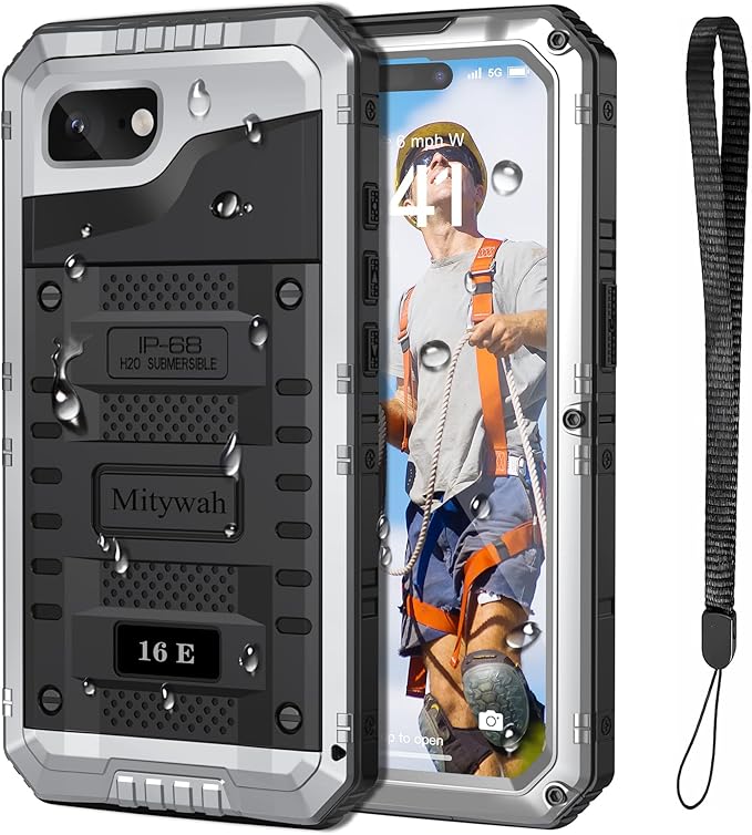 Mitywah Waterproof Case for iPhone 16e and for iPhone 17e, Shockproof Heavy Duty Case with Built-in Screen Protector, Underwater Full Body Protective Metal Case 6.1 inch, Silver