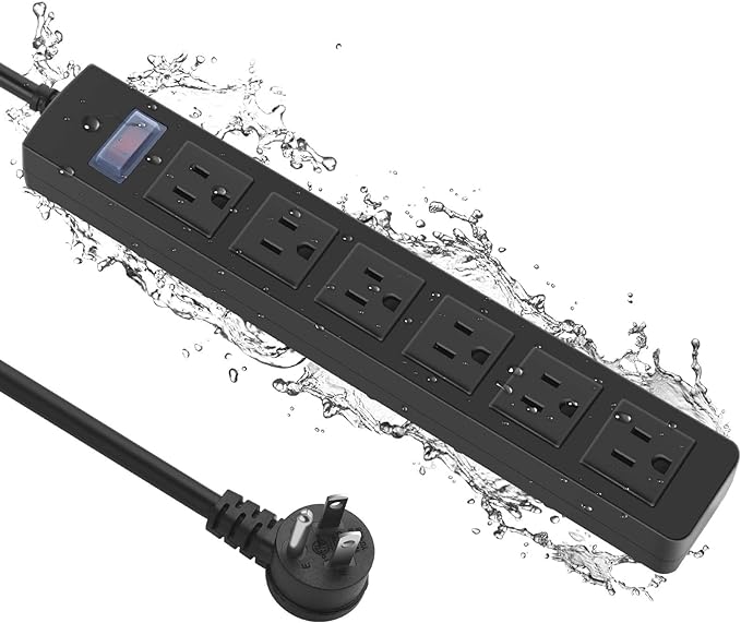 Outdoor Power Strip Waterproof with 6 Outlets, Garden Weatherproof Surge Protector, Christmas Multiple Outlet Exterior Socket for Lighting Appliances. 25FT Extension Cord Strip with Flat Plug. Black