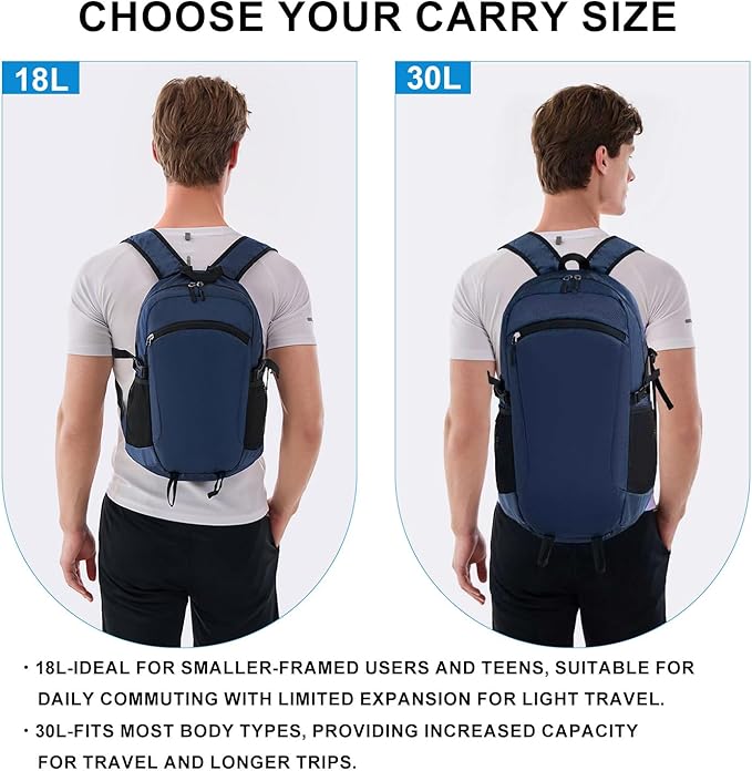 Lightweight Hiking Backpack 30L Packable Foldable Daypack Collapsible Travel Bag Water-Resistant for Women Men (Navy Blue)