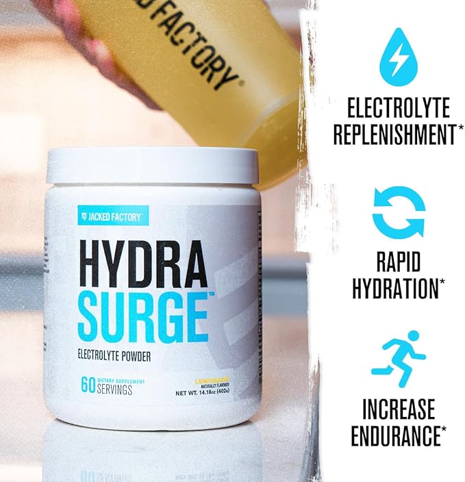 Jacked Factory HYDRASURGE Electrolyte Powder - Hydration Supplement w/Key Minerals, Himalayan Sea Salt, Coconut Water - Keto Friendly, Naturally Sweetened - 60 Servings, Refreshing Lemonade