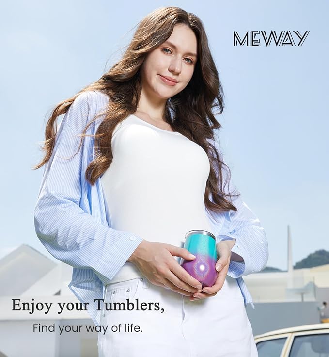 MEWAY 12oz Insulated Wine Tumbler with Lid and Straw - Double Wall Vacuum Stainless Steel Wine glass, Ideal for Travel and Office, Baby shower prizes for winners(Light Green,Set of 8)