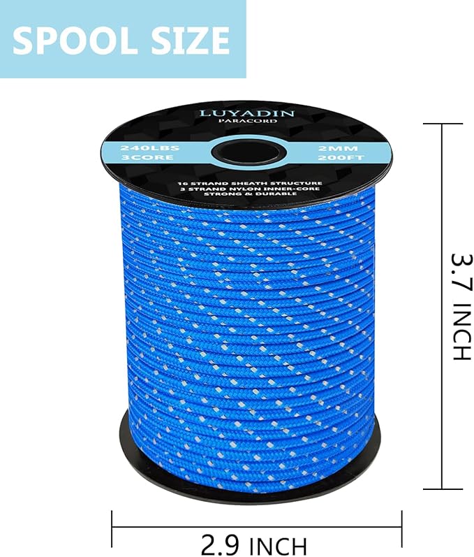 Reflective Paracord 240lb - Diameter 2mm Micro Utility Cord -3 Strand Parachute Spool Cord - 100ft 200ft,Paracord for Camping,Hiking,Fishing,Outdoor and DIY