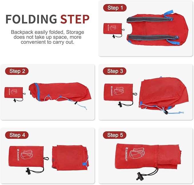 20L Hiking-Daypack Lightweight Foldable Travel Packable Backpack for Camping Cycling Outdoor, Red