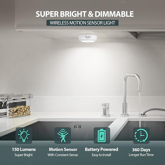 Reoshine Motion Sensor Light Indoor, Under Cabinet Light, Ceiling Lights, AA Battery Operated Stick on Wireless Puck Lights for Wall, Step, Stair, Dimmable (6 Pack)