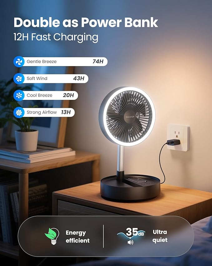 Gaiatop Portable Pedestal Fan 16000mAh Battery [Max 74h Runtime], Foldable Oscillating Standing Fan, Collapsible Desk Fans, LED Light, Case & Remote Control 4 Speeds for Outdoor Travel Camping (Black)